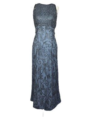 SCALA Beaded Gown | Silk Formal Evening Dress Slate Blue | Size 2–4